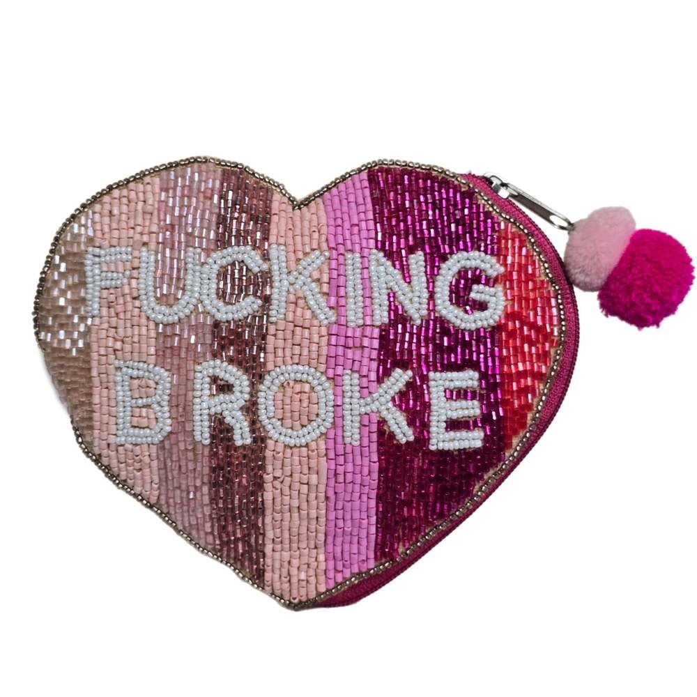 F*cking Broke Heart-Shaped Glass Beaded Coin Purse
